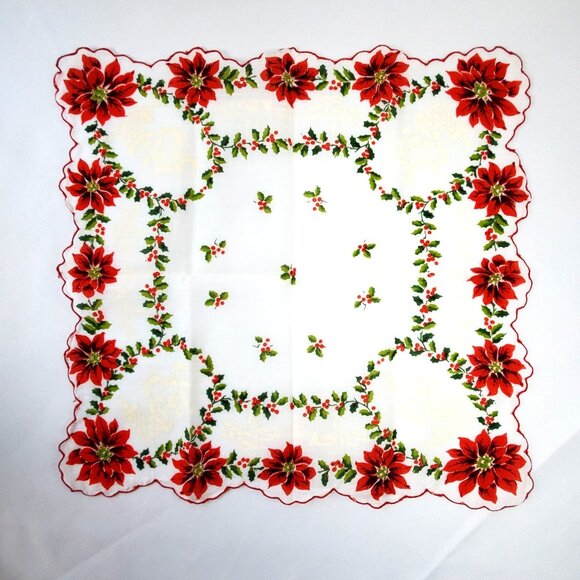 Vintage Christmas Poinsettia & Holly Handkerchief 13"x13" Square Cotton - Picture 6 of 9
